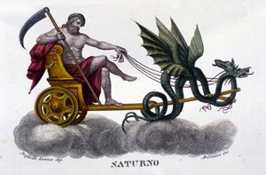 Il Dio Saturno (o Crono) su un carro trainato da due draghi. Da un
