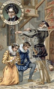 Gli Ugonotti, di Giacomo Meyerbeer (1794-1864). Cromolitografia della fine del XIX secolo