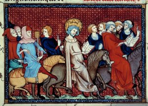 Il re di Francia Luigi IX (San Luigi) (1214-1270) racconta le sue ore ai suoi cappellani miniatura da un manoscritto "Vita e miracoli di San Luigi" di William of Saint Pathus