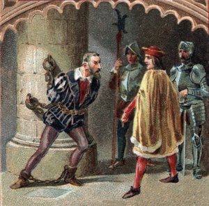Il Re di Francia Luigi XII fa rinchiudere Ludovico Maria Sforza, detto il Moro (1452-1508) nel castello di Loches, in Touraine. Cromolitografia della fine del XIX secolo