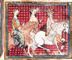 Il re dei Franchi Chilperico I (543-597) e Fredegonda a cavallo. Miniatura tratta da 