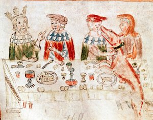 Il re dei Franchi Pipino III il Breve (714-768) e suo figlio Carlo Magno a un banchetto, miniatura da un manoscritto del 12° secolo. Venezia, Biblioteca Nazionale Marciana da Unknown artist