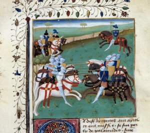 I cavalieri della Tavola Rotonda partecipano a un torneo cavalleresco (miniatura dal manoscritto 