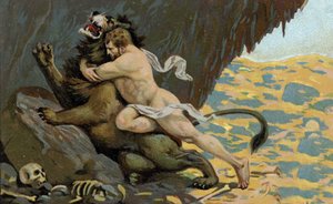 Le fatiche di Ercole: Ercole e il Leone di Nemee, inizio del XX secolo (cromo) da Unknown Artist