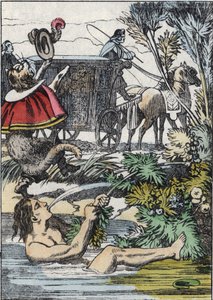 Il Marchese di Carabas finge di annegare mentre il gatto con gli stivali chiama aiuto. Illustrazione della fiaba "Il gatto con gli stivali" di Charles Perrault da Unknown artist