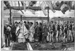 Il Mikado, il sovrano spirituale del Giappone, inaugurò la prima ferrovia del suo paese da Unknown artist