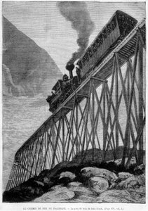 La ferrovia del Pacifico sul ponte di legno di Dale Creek - incisione, fine XIX secolo da Unknown artist