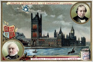 Il Palazzo di Westminster, o Parlamento di Londra (Inghilterra), con ritratti di William Ewart Gladstone (1809-1898) e Benjamin Disraeli, Lord Beaconsfield (1804-1881) - cromolitografia Liebig da Unknown artist