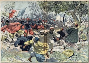 Le truppe sudanesi di Samory Toure (circa 1835-1900) furono posizionate dietro le rive del fiume Cavalby da una colonia francese sotto il tenente Walfel. Sudan, 9 settembre 1898. Illustrazione in "Le Pelerin" del 9 ottobre