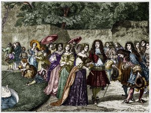 Il Re Sole (Luigi XIV nei giardini di Versailles circondato dalla sua corte). Incisione del XIX secolo da Unknown artist