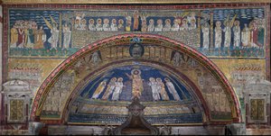 La visione della Gerusalemme celeste: gli eletti sono accolti dagli angeli. Sotto, l