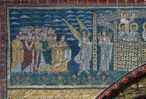La visione della Gerusalemme celeste: Gli eletti si dirigono verso la città custodita dagli angeli. (dettaglio). Mosaico intorno all