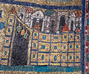 La visione della Gerusalemme celeste: (dettaglio) Gerusalemme rappresentata in una cittadella fortificata. Mosaico intorno all