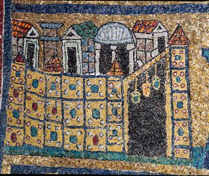 La visione della Gerusalemme celeste: (dettaglio) Gerusalemme rappresentata in una cittadella fortificata. Mosaico intorno all