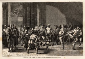 I preparativi per il sumo, gli atleti si riscaldano, si allungano, si pettinano e si concentrano prima di combattere. Incisione per illustrare il viaggio in Giappone, di Aime Humbert, ministro della Confederazione Svizzera, pubblicato in "Le tour du monde"