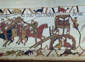 Gli eserciti di Guglielmo il Conquistatore (1027-1087) andarono a combattere il Duca di Bretagna, arrivati a Bayeux. Harold è appena stato nominato cavaliere da Guglielmo. (dettaglio) dell