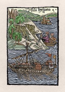 Lo sbarco a Hispaniola di Cristoforo Colombo (1451-1506). Incisione da "De insulis in mare Indico super inventis", Basilea 1493-1494 (traduzione latina del rapporto di Colombo al Re di Spagna) da Unknown artist