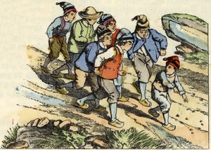I fratelli seguono il Piccolo Pollicino che ha seminato sassolini bianchi lungo il cammino. Illustrazione della fiaba "Il Piccolo Pollicino" di Charles Perrault da Unknown artist