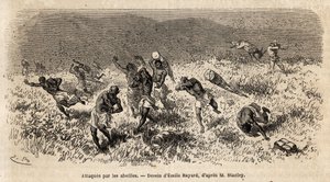 La carovana dei portatori della spedizione di Henry Morton Stanley (1841-1904) sulla strada di Misonghi (Africa orientale) attaccata da uno sciame di api. Incisione per illustrare il viaggio alla ricerca di Livingstone, in Africa centrale, di Henry Stanley da Unknown artist