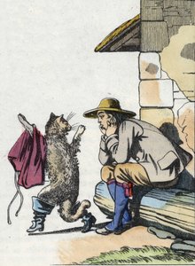Il gatto chiede al suo padrone vestiti e stivali e promette di diventare presto ricco. Illustrazione della fiaba di Charles Perrault "Il gatto con gli stivali"