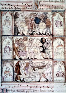 La festa del charivari per il matrimonio di Fauvel. Processione di musicisti e travestiti. Miniatura dal manoscritto 