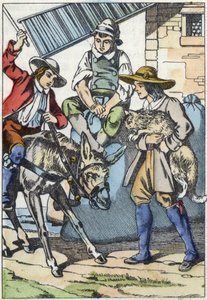 I figli del mugnaio, appena morto, dividono i suoi beni: asino, mulino e gatto. Illustrazione della fiaba "Il gatto con gli stivali" di Charles Perrault da Unknown artist