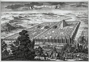 Le mura della città di Babilonia che circondano i giardini pensili e la torre di Babele da Unknown artist