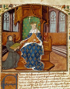 Il cronista Enguerrand de Monstrelet (1400-1453) dona il suo libro al re Carlo VII (1403-1467). Miniatura tratta da 