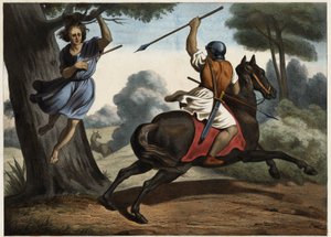 La morte di Assalonne. Dopo la sconfitta contro le truppe di suo padre, Assalonne rimase sospeso dai rami di un albero fuggendo dal campo di battaglia. Jaob pianta tre spie nel cuore del giovane. Incisione anonima della metà del XIX secolo. da Unknown artist