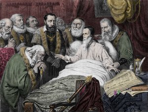 La morte di Giovanni Calvino (1509 - 1564). da Unknown artist