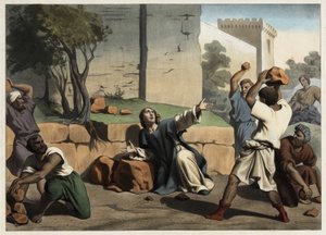 La morte di Santo Stefano: Santo Stefano lapidato dagli ebrei è considerato il primo martire cristiano. Incisione anonima della metà del XIX secolo. da Unknown artist