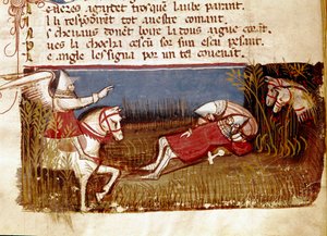 La morte del cavaliere Rolando, nipote di Carlo Magno, durante la Battaglia di Roncisvalle, 778. Miniatura tratta da 
