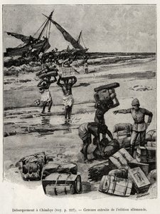 Lo sbarco a Chimbye (Tanzania) della spedizione Peters (incisione) da Unknown artist