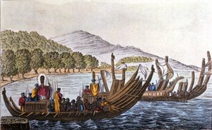 La partenza dei polinesiani per il Pacifico a bordo di canoe a doppio scafo. Litografia dell