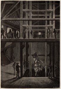 La discesa di un cavallo nelle miniere di Creusot, utilizzato nei tunnel sotterranei per il trasporto dei carrelli del carbone. Incisione per illustrare un viaggio a Creusot e alle miniere di Saone e Loire, nel 1865, di L. Simonin, in 