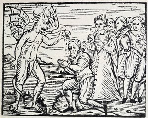 Il diavolo che battezza uomini e donne in preghiera - incisione da Unknown artist