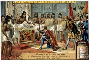 La scoperta della rotta delle Indie: Ricevimento di Vasco de Gama dal Samudrin di Calicut, fine maggio 1498 - vignetta pubblicitaria Liebig da Unknown artist