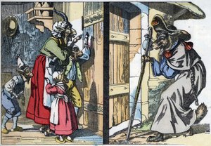 Il lupo travestito bussa alla porta della casa con la capra e i capretti. Illustrazione del racconto "Compere le Loup, Maitre Renard, Comere la Chevre et ses petits biquets" dopo una favola di Jean de la Fontaine. In "Racconti dalla casa per i piccoli". da Unknown artist