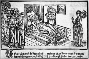 Il medico a letto del pestifero, incisione su legno del "Liber pestilentialis" di Jérôme Brunschwig, Strasburgo da Unknown artist