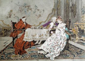 La doppia parte Un cardinale gioca una partita a scacchi contro un giovane impegnato in un gioco di seduzione con una giovane donna vicino a lui. Illustrazione del XIX secolo. Parigi, Arti Decorative da Unknown artist