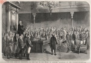 Il duca di Wellington (Arthur Wellesley (1769-1852)) si trova al banco della Camera dei Comuni per ricevere le congratulazioni dello Speaker per la sua vittoria a Vimeiro, Guerra Peninsulare