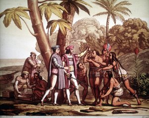 I primi indiani che apparvero a Cristoforo Colombo al suo arrivo in America, - in "Il vecchio e moderno costume" di Jules Ferrario