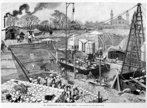 Le fondamenta della Torre Eiffel: i cassoni sul lato della Senna - in "Illustration" 14/05/1887