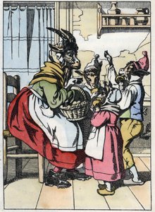 La capra è fuori dal mercato, ascoltando la storia dei biquets. Illustrazione della fiaba "Compere le Loup, Maitre Renard, Comere la Chevre et ses petits biquets" dopo una favola di Jean de la Fontaine. In "Fiabe dalla casa per i piccoli"