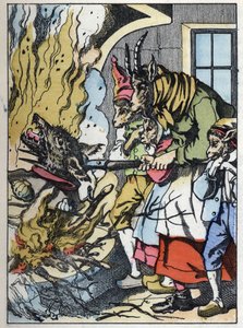 La capra uccide il lupo nel camino. Illustrazione della fiaba "Compere le Loup, Maitre Renard, Comere la Chevre et ses petits biquets" di Jean de la Fontaine. In "Fiabe della casa per i piccoli". Incisione anonima del XIX secolo da Unknown artist