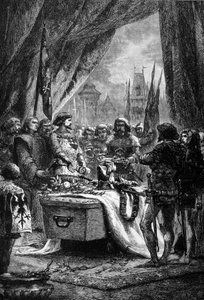 Il governatore depone le chiavi di Chateauneuf de Randon sulla bara di Bertrand Du Guesclin (1320 - 1380), un uomo di guerra bretone e patriota francese contro gli inglesi. Incisione del XIX secolo da Unknown artist
