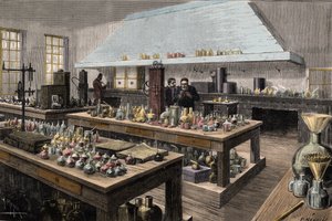 Il grande laboratorio di Louis Pasteur (1822-1895), chimico e biologo francese, all