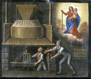 La mano di un giovane lavoratore intrappolata in una macina da Unknown artist