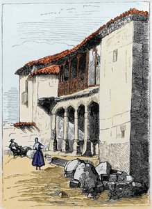 La casa di Sante de Valcuebo a Salamanca dove Cristoforo Colombo tenne la sua prima conferenza. Incisione del XIX secolo da Unknown artist