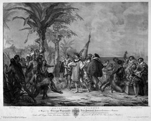 Lo sbarco di Cristoforo Colombo a San Salvador (Bahamas) il 12/10/1492. Incisione del XIX secolo da Unknown artist